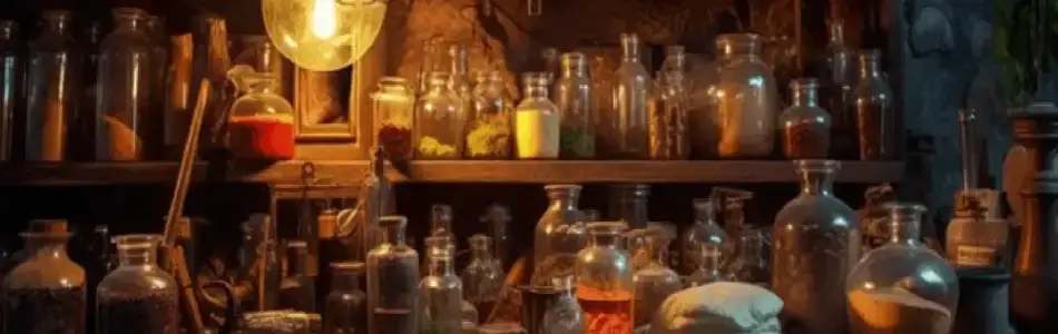 Boticario mágico con hierbas, inciensos y plantas para Rituales Personalizados de Brujería, decorado con una lámpara colgante.