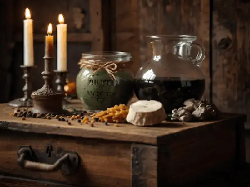 Mesa con velas encendidas, jarra con bebida, semillas, hierbas, un trozo de raíz y varios ajos, representando el inicio del viaje hacia el conocimiento. Contáctanos!