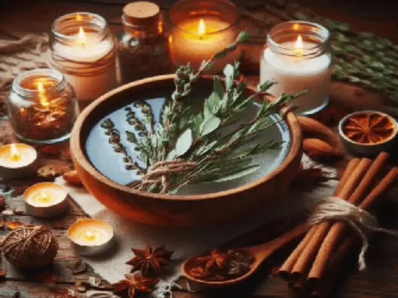 Imagen con velas encendidas, recipiente con atado de lavanda, frascos, rollos de canela y flores, simbolizando el viaje hacia el autoconocimiento y el destino. Contáctanos!