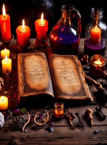Nuestros Servicios de Magia Personalizada 6 Creación de Rituales Personalizados en Bruja Antigua Mayor, con herramientas mágicas como velas, amuletos, pétalos que simboliza nuestros Servicios de Magia Personalizada
