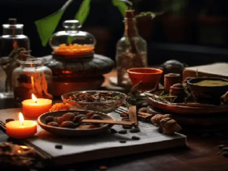 Imagen de velas encendidas, recipiente con frutos secos y semillas, frascos con hierbas, rollos de canela y varios tipos de inciensos, simbolizando nuestros Servicios de Magia Personalizada y la conexión con las energías del cosmos. Contáctanos!