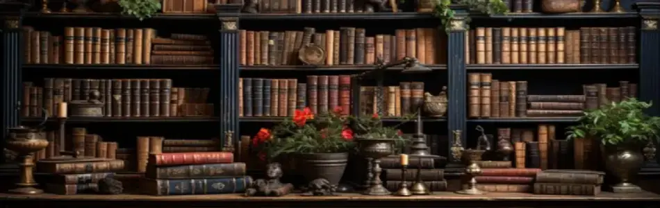 Fondo mágico de biblioteca con tonos místicos para la página "Sobre Nosotros: Esencia y Visión" de Bruja Antigua Mayor