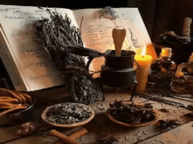 Imagen con libro de fórmulas, atado de lavanda, vela encendida, frascos con hierbas, rollos de canela, recipientes con inciensos y semillas, y un pequeño caldero, representando la magia en el aire. Contáctanos.