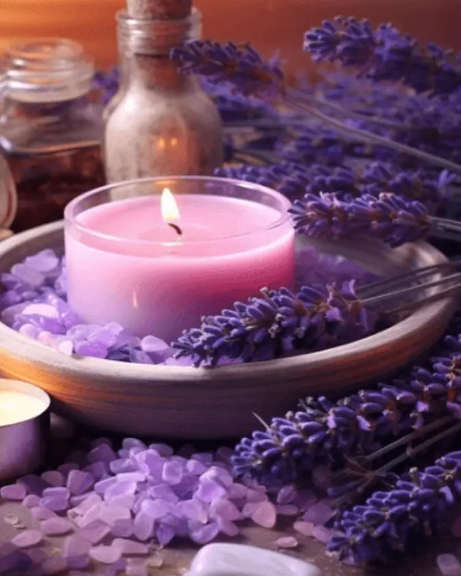 Velas encendidas, cristales, frascos y lavanda, herramientas espirituales para rituales personalizados de Brujería y Sellos de Dominio.