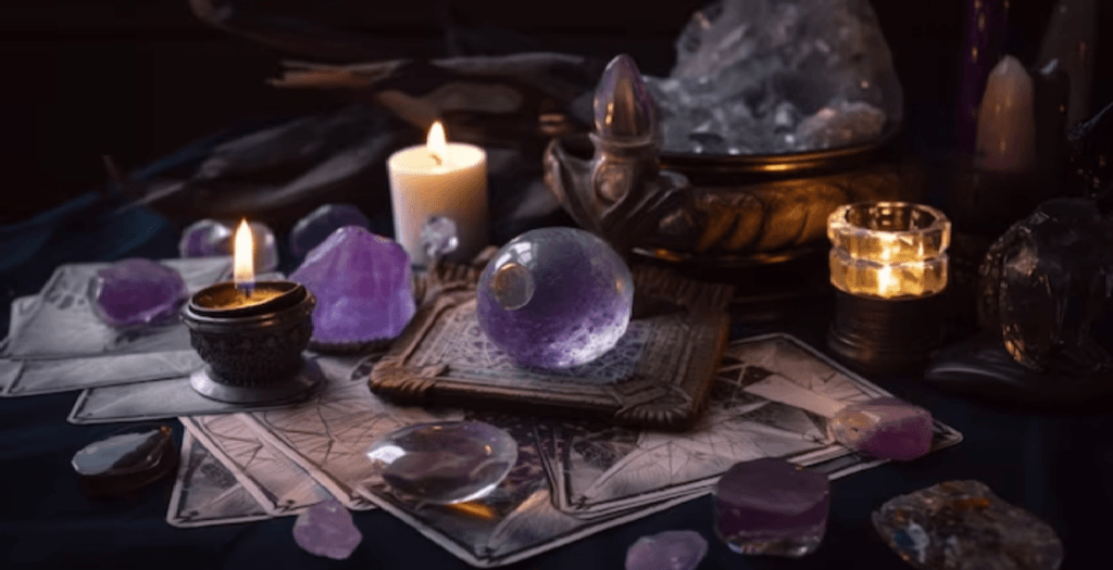 Sobre Nosotros Esencia y Visión 1 Velas encendidas, cartas de magia, piedras y amatistas en un entorno místico, representando la esencia Sobre Nosotros: Esencia y Visión en Bruja Antigua Mayor.