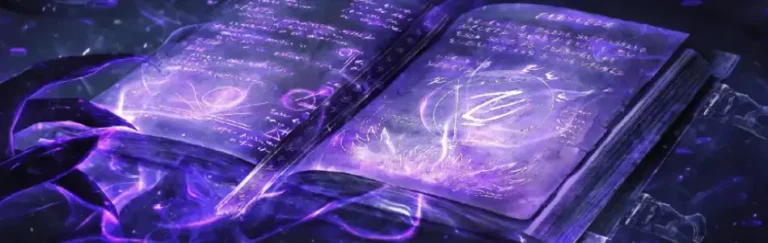 Fuerza Personal 1 Libro de magia abierto con símbolos y letras brillantes, representando la Fuerza Personal como clave energética.