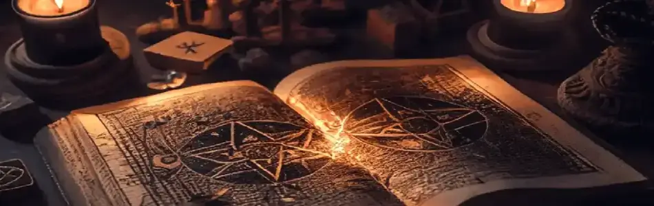 Imagen de un libro de hechizos abierto con velas encendidas, runas y incienso, representando el poder de las palabras mágicas.