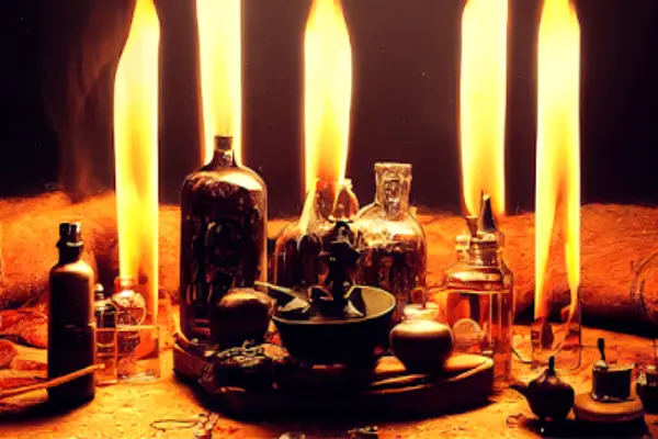 Hechizo de Orden Energético 4 Varios frascos y velas encendidas, utilizados en el hechizo de orden energético para equilibrar y purificar las energías.