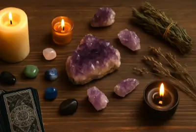 La Voz de la Bruja Paz 7 Revelaciones 12 Cristales mágicos, hierbas sagradas y velas encendidas representando La Voz de la Bruja Paz 7 Revelaciones