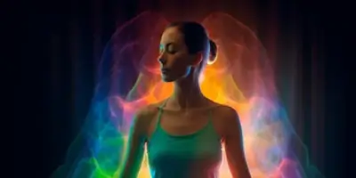 ¿Qué es el Aura? Es una mujer meditando rodeada por varios colores que representa su energía espiritual