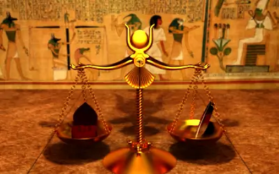 Ilustración de la balanza de Maat con fondo de jeroglíficos egipcios, símbolo del juicio y la verdad divina.