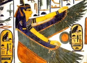 La Voz de la Bruja Paz 7 Revelaciones 9 Imagen de la Diosa Maat alada, símbolo del equilibrio y la justicia en la balanza de Maat del antiguo Egipto.