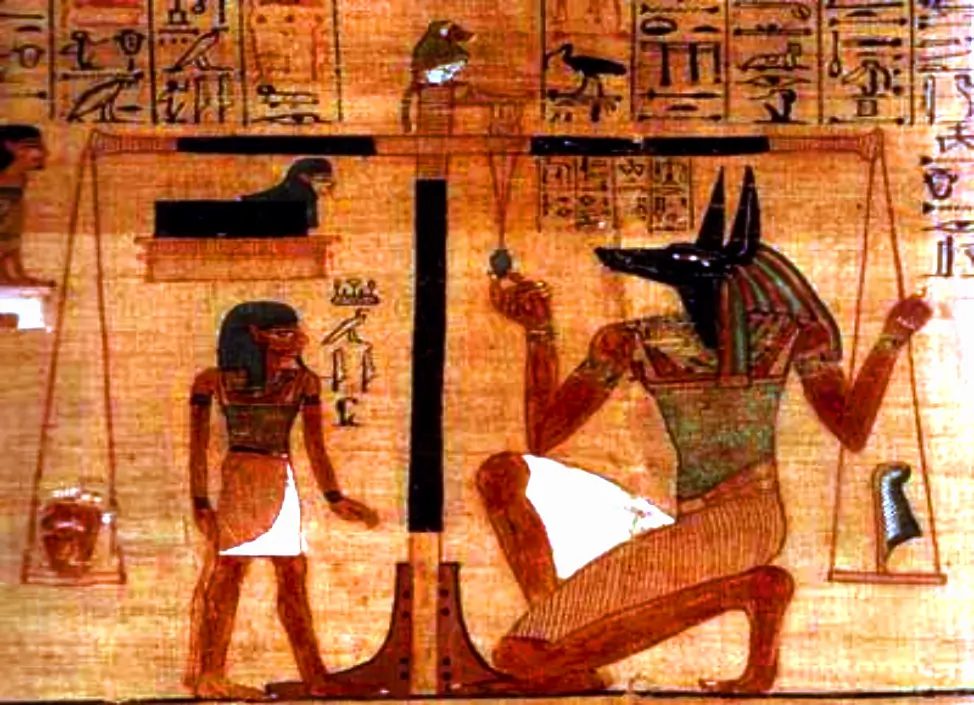 La Balanza de Maat 1 Ilustración del ritual egipcio del Pesado del Corazón, con Anubis utilizando la balanza de Maat para juzgar el alma del difunto.