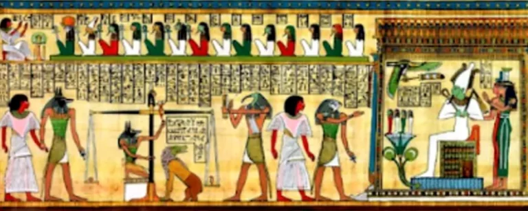 Mural antiguo que representa la balanza de Maat, ideal para ilustrar respuestas en la sección de preguntas frecuentes.