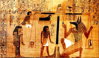 La Balanza de Maat 9 Mural egipcio con la balanza de Maat, donde aparecen Osiris y la Diosa Maat durante el juicio del alma.
