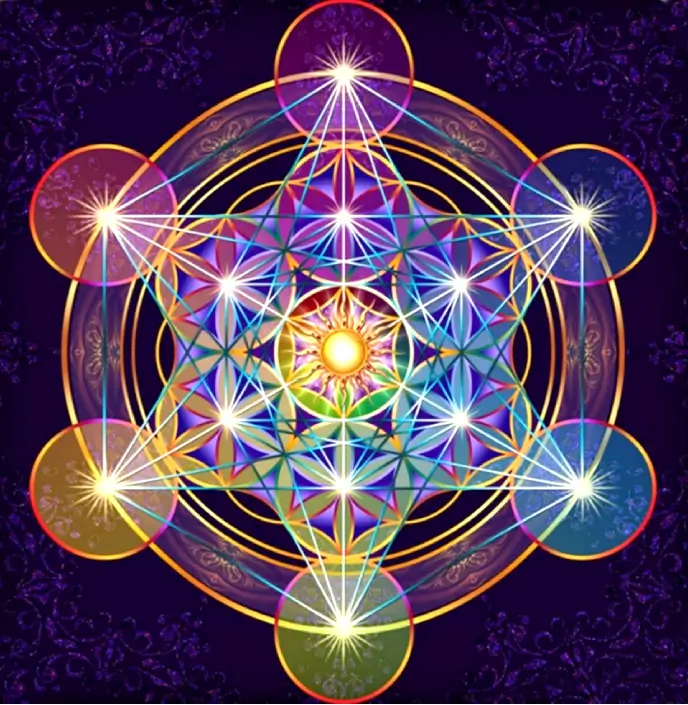 La Geometría Sagrada: Un Viaje Místico y Científico al Corazón del Universo ✨🌀 6 Ilustración del Cubo de Metatrón, símbolo de geometría sagrada con formas platónicas.