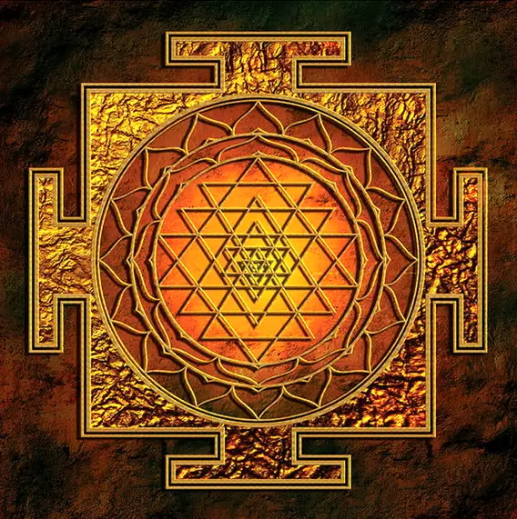 La Geometría Sagrada: Un Viaje Místico y Científico al Corazón del Universo ✨🌀 12 Sri Yantra con triángulos concéntricos y círculos, símbolo ancestral de geometría sagrada.