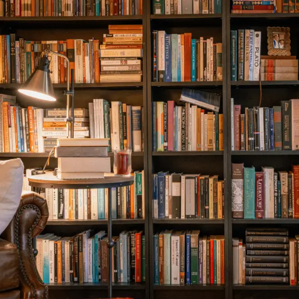 Índice de contenido representado por una biblioteca acogedora con muchos libros, lámpara y cómodo sillón