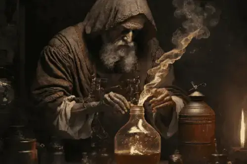 Alquimista preparando una fórmula mística canalizando la energía de los astros en un ritual antiguo.