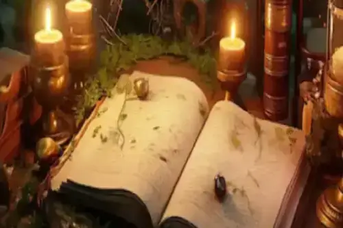 Libros apilados, velas encendidas, un libro guía de hechizos abierto rodeado de pétalos de flores y hierbas, representando un ritual mágico.
