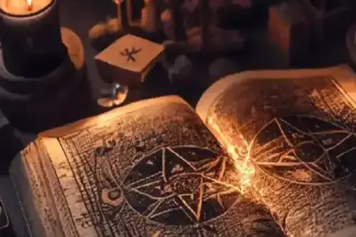 Imagen de un libro de hechizos abierto con velas encendidas, runas y incienso, representando el poder de las palabras mágicas.