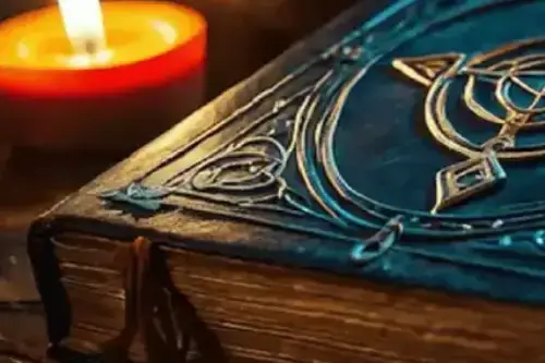 Libro de magia cerrado con símbolo labrado en la tapa y vela encendida, representando las Fórmulas Místicas.