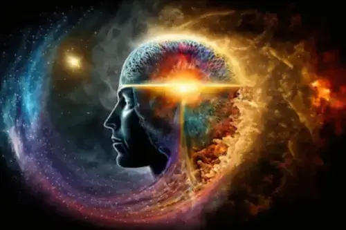 Ilustración del perfil de una persona con una estrella brillante naciendo de su centro y rodeada por una galaxia, simbolizando la conexión interna al hablar con el universo.