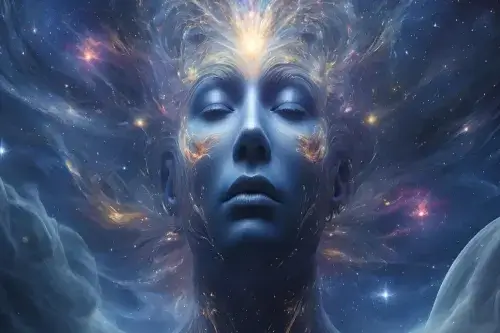 Rostro iluminado con destellos luminosos durante una limpieza profunda del aura