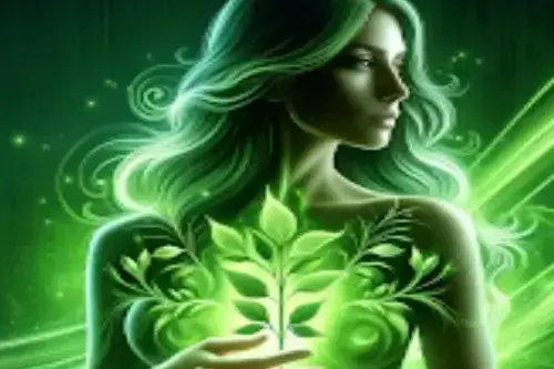 Mujer en tonos verdes sosteniendo un manojo de hierbas como símbolo de ¿Qué es el Aura?.