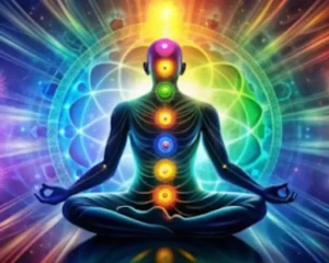 Silueta de una persona en posición de loto meditando, con los siete símbolos de los chacras alineados verticalmente y brillando con sus colores respectivos sobre un fondo cósmico.