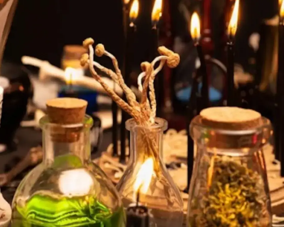 Varios frascos de vidrio antiguos llenos de hierbas secas y esencias, dispuestos en un estante de madera rústica, simbolizando la preparación de recursos para la protección de energía vital.