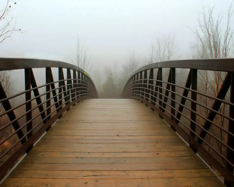 Un puente de madera rústico emergiendo de una densa bruma en un paisaje natural, simbolizando el sello de claridad de intención y la revelación del propósito.