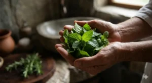 Primer plano de manos ahuecando hojas de menta fresca preparadas para un baño de menta y romero ritual.
