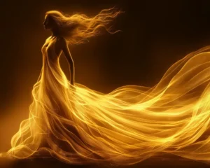 Mujer de perfil con vestido amarillo ondeando al viento, simbolizando la liberación del exorcismo digital y la recuperación de la soberanía personal.
