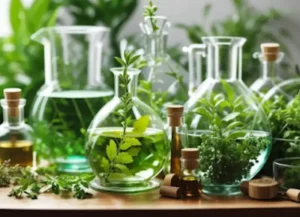 Varios frascos de vidrio con plantas medicinales y esencias aromáticas preparados para un ritual de abundancia.