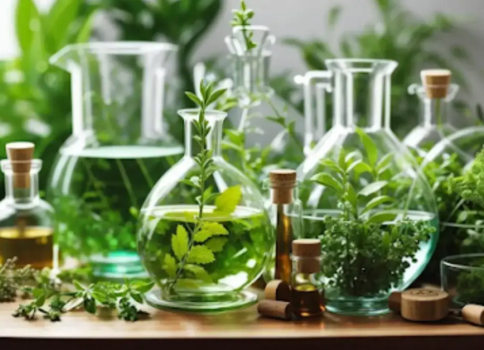 Varios frascos de vidrio con plantas medicinales y esencias aromáticas preparados para un ritual de abundancia.
